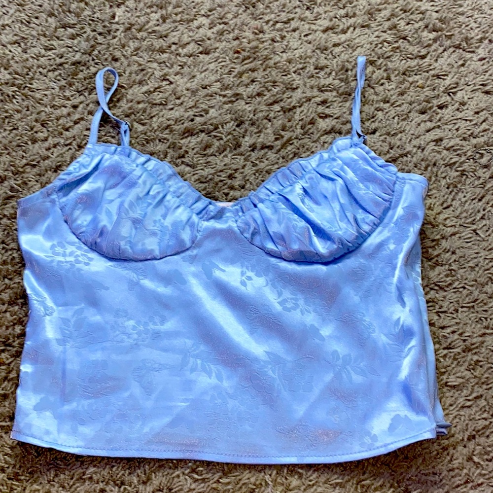 Blue silky tank crop top with floral embroidery